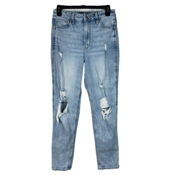 Hollister SZ 5R/4R w27R Mom Jeans Ultra Hi-Rise Distressed Rips Zip-Fly Light - Picture 1 of 11